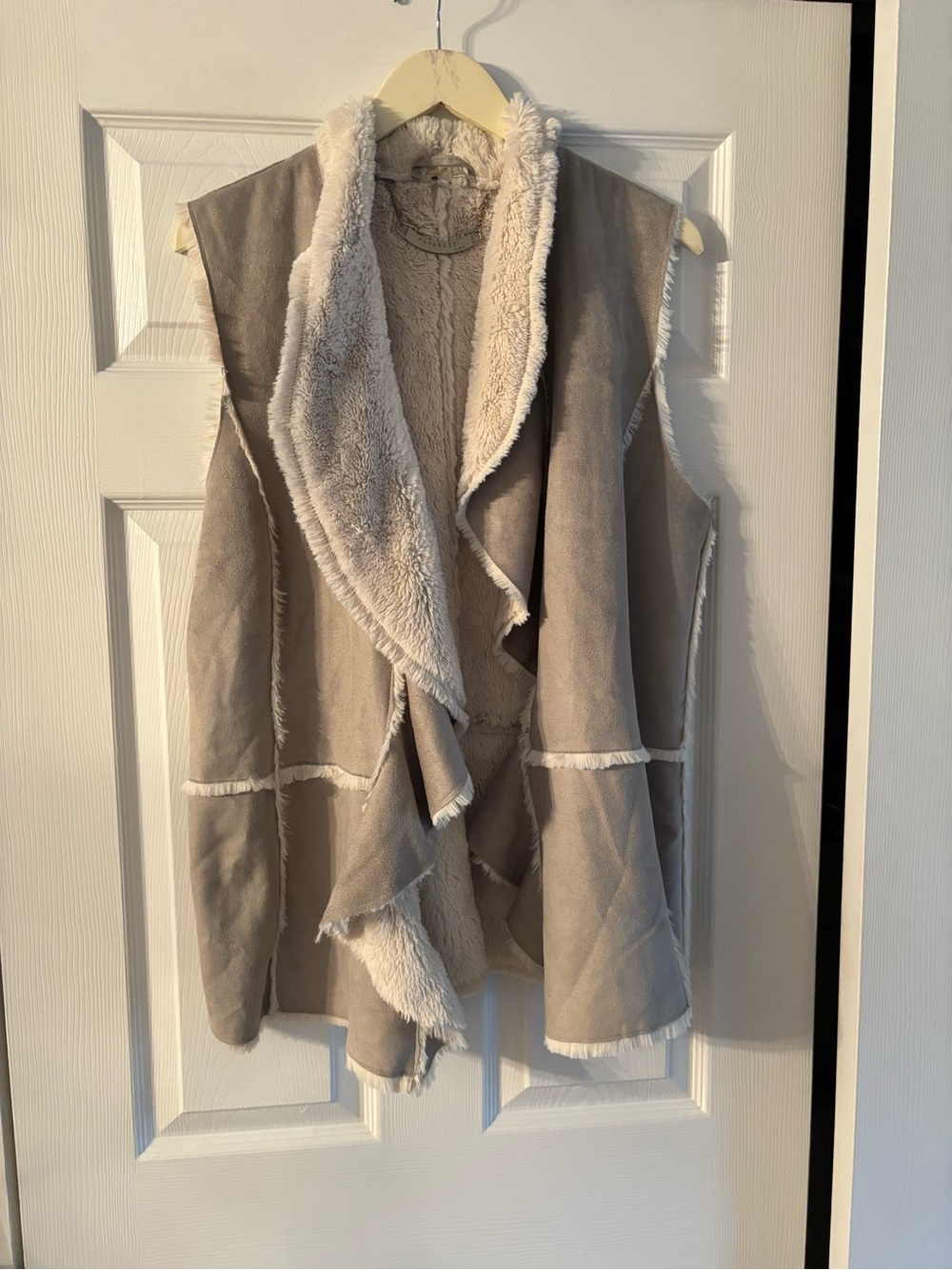 paparazzi Taupe Faux Suede Shearling Open-Front Vest